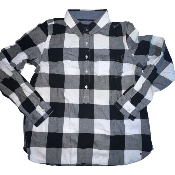 Tommy Hilfiger Shirt Women Medium Black Plaid Collard Classic Everday Henley Top - Picture 1 of 10